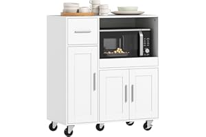 HOMCOM Mueble Auxiliar de Cocina con Ruedas, Aparador de Cocina para Microondas con Bandeja Deslizante, Cajón, 3 Puertas, Estante Ajustable y Orificio para Cables, para Salón, 80x40x88,7 cm, Blanco