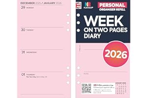 NBPLANNER 2026 Personal size Week on two pages diary refill insert | January 2026 – December 2026 | Pink paper | Compatible with Filofax personal size organisers | 95 x 171mm
