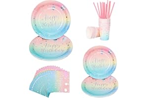 DAOUZL 80 PCS Assiettes de Fête Anniversaire Assiette Jetable Vaisselles Anniversaires Assiette Carton Anniversaire Arc en Ciel Vaisselle avec Assiette Gobelets Pailles Serviettes en Papier 16 Invités