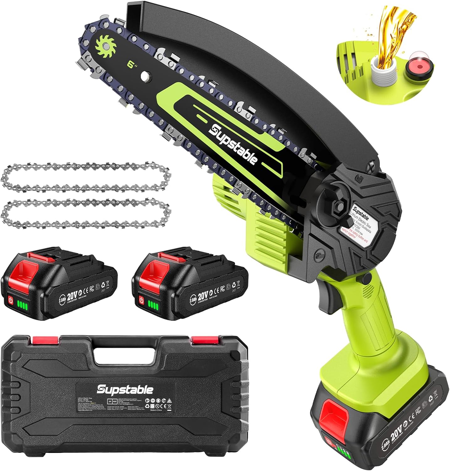 Supstable Mini Chainsaw 6 Inch, Electric Chainsaw Cordless, Battery Powered Chain Saw with Oiler, 2pcs 2000mAh Batteries, Small Handheld Garden Saws for Tree Branch Wood Cutting, Gifts for Men Women
