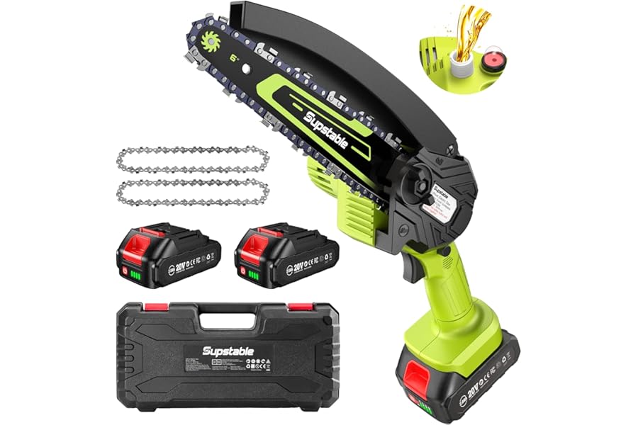 Supstable Mini Chainsaw 6 Inch, Electric Chainsaw Cordless, Battery Powered Chain Saw with Oiler, 2pcs 2000mAh Batteries, Small Handheld Garden Saws for Tree Branch Wood Cutting, Gifts for Men Women