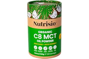 Organic MCT Powder – 300g Oil Powder with 75% C8 MCT, 25% Acacia Fiber, Zero-Plastic Recyclable Can – Certified Organic Keto Food, Fiber Supplement, Keto Coffee Creamer by Nutrisio