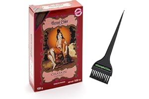 Sitarama Henna Color – Coloración natural para el cabello con agua sin amoniaco ni agua oxigenat, sin PPD – Polvo Henne 100 g y pincel clorophilla. (Chatain castaño, 100 g)