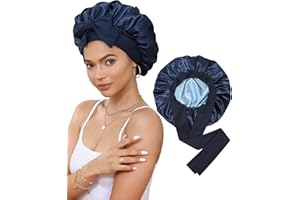 CHLINS Cuffia in raso per dormire, in seta, a doppio strato, con fascia elastica, per capelli ricci (blu navy + azzurro)