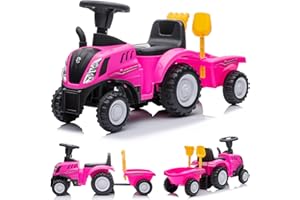 sun baby Ride On Car licenced New Holland Baby Car for 1 year old with sound and light effects, detachable trailer, shovel and rake included (Pink)