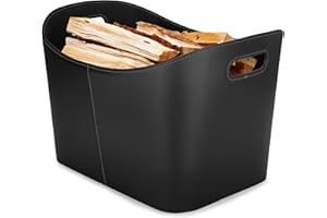 VIIRKUJA Feuerholzkorb - Robuster Korb für Brennholz, mit Kunst Leather, 2 Tragegriffe, ideal für Kaminzubehör, Innenbereich - 55x35,5x42,5 cm - Schwarz