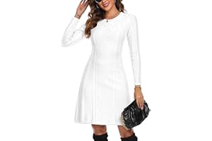 Aottori Robe Pull Femme Hiver Décontractée Tricotée Robe Pull Elegant Col Rond A Ligne Robes Casual Manches Longues Mini Robe Pull pour Fête Loisirs Cocktail Robe Pull