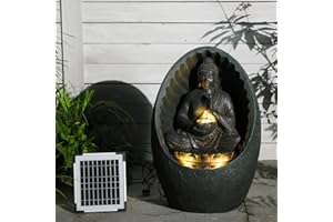 Bumilgar 40 CM Garden Solar Water Features, Zen Buddha Water Fountain Outdoor and Waterfalls with Lights for Patio, Backyard, Deck, Porch and Home Art Decor, Black