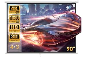 Todeco Écran de Projection 90 Pouces, Manuel Enroulable, Fixation Mur ou Plafond, pour Home Cinéma et Entreprise, 137 x 183 cm, Formats 4:3, HD 4K 3D