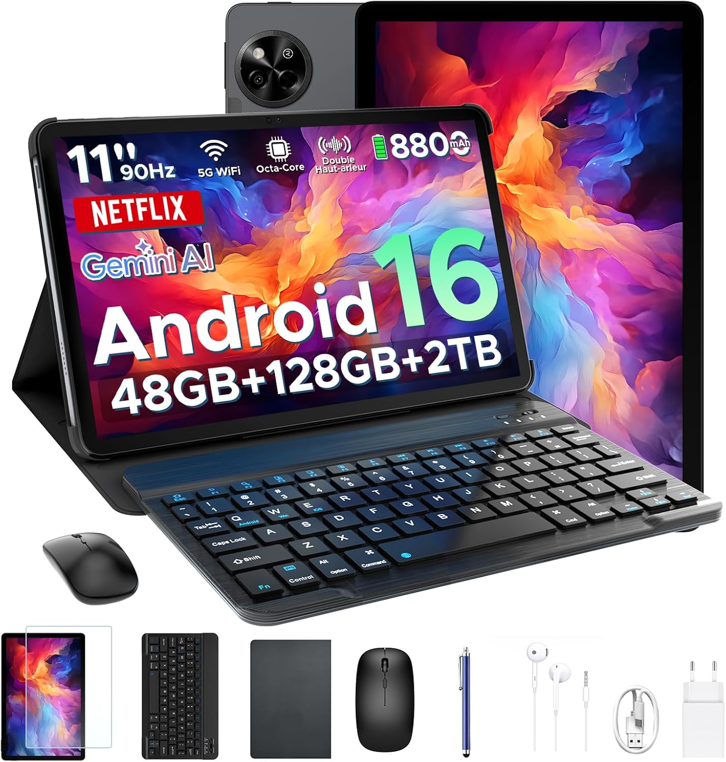 P11 Android 16 Tablet 11 Pulgadas, 48GB RAM + 128GB ROM/2TB TF, 120Hz, T7250 Octa-Core, 8800mAh, 13MP+5MP, Gemini AI, Widevine L1, Face ID, GPS, OTG, Doble Altavoz, Tablet con Teclado y Lápiz, Negro