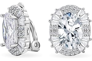 BLING JEWELRY Bijoux de Mariée Style Art Déco Simulé Émeraude Verte Cubic Zirconia Pavé Baguette Halo AAA CZ Carré Grand Ovale Clip Sur Boucles d'Oreilles Pour Femmes Mariage Jaune 14K Or Plaqué Argent