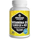Vitamaze® Vitamina D3 K2 (+1 Anno) di Alto Dosaggio Vitamina D3 + 20 mcg Vitamina K2 al Giorno, 180 Piccole Compresse Vegetar