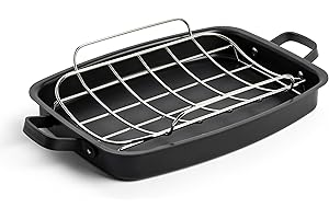 Merten & Storck Padella per Arrostire Pre-Stagionata in Acciaio al Carbonio a Induzione 47x27x6 cm con Cestello Removibile in Acciaio Inox, Sicura in Forno Fino a 300°C, Nero