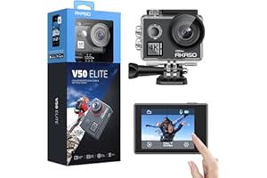 AKASO Caméra Sport 4K 60fps 20MP WiFi Télécommande Commande Vocale Ecran Tactile EIS Caméra Sportive Etanche sous Marine Angle Vision Réglable 8X Zoom 2 Batteries et Kit d'Accessoires V50 Elite