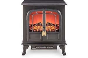 LIVIVO Electric Stove Heater Fireplace with Realistic LED Flame Log Effect, 2000W, Independent Light and Heat Controls, Flame Effect, Temperature Control, Flat Back, Straight viewing Angle (Black)