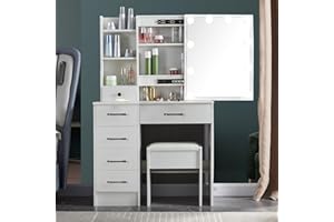 Puselo White Dressing Table Vanity Table with Mirror and Stool Makeup Vanity Table with Lights and Drawers,Cushioned Stool,Vanity Desk for Women Girls Bedroom (Modern3056)