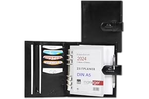 ALMADIH Leder A5 Terminplaner mit Ringmechanik Kalender 2024 Schreibblock Premium Rindsleder Schwarz Ledermappe Mappe Schreibmappe Organizer Terminkalender Systemplaner Ringbuchmappe (A5-Ter-S)
