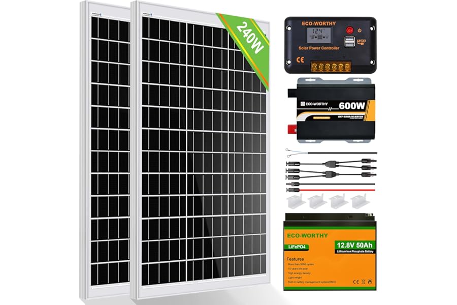 ECO-WORTHY 240W Off Grid Solar Panel Kit 12V 1kWh/Day for Motorhome Boats: 2pcs 120W Solar Panels+50Ah LiFPO4 Battery+30A Charge Controller+600W Inverter