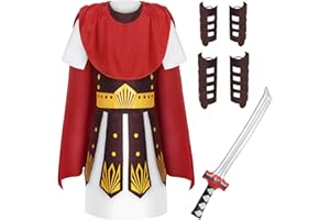 AYBUY Kostium gladiatora dla dzieci z tunetem, ochrona ramion i nóg, 5-częściowy kostium gladiatora z mieczem samurajskim, odpowiedni na karnawał, Halloween, imprezę tematyczną