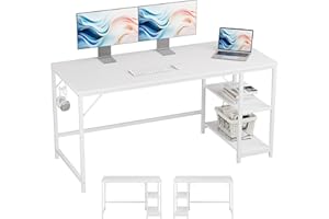 JOISCOPE Escritorio, Mesa para Ordenador, Mesa de Trabajo, Mesa Gaming con Gancho para Auriculares, 2 estantes, 152 x 60 cm, Mesa Blanca
