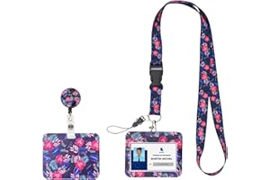 SCOLLIA Porte badge personnalisé (fleurs) avec enrouleur rétractable, porte carte d'identification (travail, transport, infirmière, enfant, cantine) horizontal, et cordon tour de cou (Lanyard)