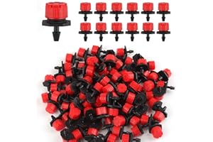 Rolcoassuns 100Pcs 1/4 Inch Adjustable Irrigation Drippers, 360° Micro Drip Emitters for Garden Watering System, Anti-Clogging Sprinklers for 4mm/7mm Hoses, Red