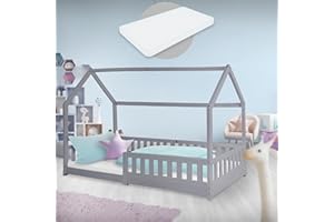 ‎ML DESIGN MODERN LIVING ML-Design Kinderbett 90x200 cm Hellgrau mit Matratze H:10cm, Rausfallschutz, Dach, Lattenrost, Kiefernholz, Hausbett für Mädchen/Jungen, Bodenbett Bettenhaus Spielbett Jugendbett Kinderhaus Holzbett
