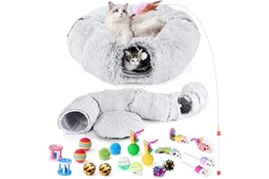 Odoland Katzentunnel große Katzenspielzeug mit Plüsch Katze Bett, Multifunktionales Faltbar Katzen Tunnel Katzenhöhle mit Spielball Interaktives Spielzeug für Indoor Kitten - grau