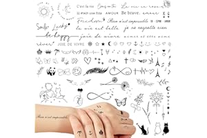 GEBETTER 6 Hojas Tatuajes Temporales Adultos en Francés Dibujos Frases Negro Estilo Bohemio Corazón Amor Flores para Mujer Hombre Chica Chico Vida Diaria Fiestas Concierto Festival