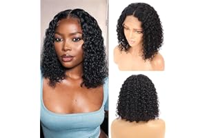 IFLY Perruque Cheveux Humain 13×4 Lace Wig Human Hair Perruque Femme Naturelle Brésilien Bouclée Courte Deep Curly Bob Perruque Bresilienne Cheveux Humain 150% Density Couleur Naturelle 10 Pouces(25cm)