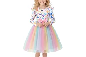 JiAmy Girls Dresses Flutter Long Sleeve Kids Tulle Party Dress with Flowers Butterflies Mermaids Printed Lovely Toddler Fall Christmas Birthday Dress for 2-7 Years