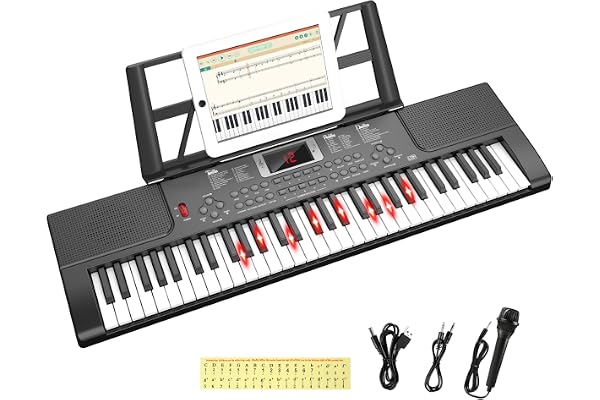 Shayson Piano électronique 61 Touches pour débutants avec Touches Lumineuses et Affichage LED, Double Haut-Parleur intégré, Modes d'apprentissage, pupitre (Noir)