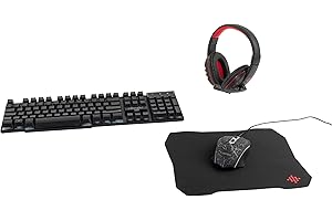 Intempo EE5836BLKSTKEU7 Quest 4 in 1 Gaming Set, Includes LED Wired Gaming Mouse, LED Wired UK Gaming Keyboard, Wired Headphones, Mouse Mat