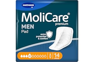MoliCare MEN Pad 4 gocce Assorbenti Discreti per Incontinenza per Uomo, Protezione per Perdite Leggere, Sensazione di Asciutto Immediata, Protezione Avanzata della Pelle, Forma di Tasca, 14 Pezzi