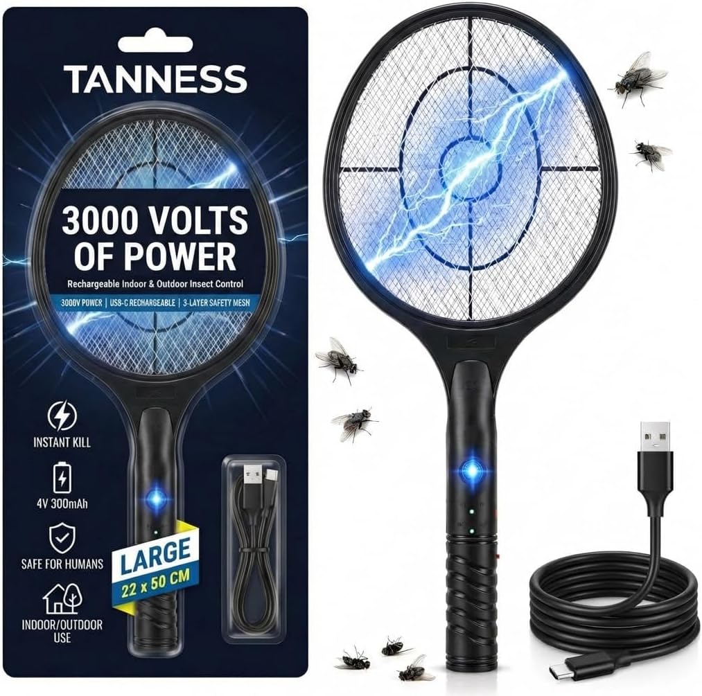 Tanness 1-Pack 3000V Rechargeable Electric Fly Zapper Racket, 22 x 50 cm, USB-C Charging, 4V 300mAh Battery, Indoor and Outdoor Use, 3-Layer Safety Mesh