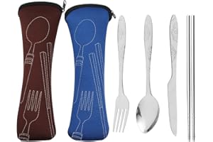 LULIYLDJ 2 juegos de cubiertos de acero inoxidable, cubiertos portátiles, cubiertos de viaje, que incluyen cuchillo/tenedor/cuchara/palillos/y funda protectora (12 piezas)