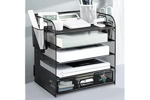 Accmuzzy Schreibtisch Organizer 5 Etagen mit Schublade, Mesh Dokumentenablagen mit Griff, Metall Schreibtisch Organizer Tablett für Brief/A4 -Schwarz (5 Etagen mit Schublade)