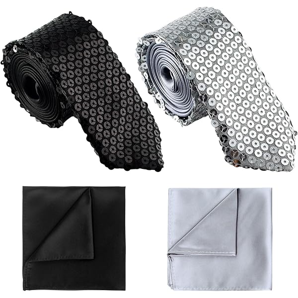 Set 4 Pièces Cravates à Paillettes TUONYIS - Noir Et Argent - Pour Soirée, Disco, Mariage Et Carnaval