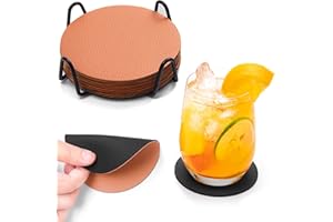 Chitomars Posavasos Lavable de Doble Cara, Posavasos de el Plastico Antideslizante Posavasos para Bebidas Set de 12 Posavasos con Soporte Redondo Posavasos para Hogar Oficina y Cocina (Negro Marrón)
