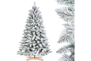 FairyTrees árbol de Navidad Artificial 150cm Abeto con el Soporte de Madera | árbol Artificial con Copos de Nieve Blancos | Fabricado en EU