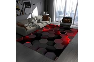RUILBJM Bedroom Gaming Rug, 3D Visual Geometric Neon Pattern, Non-slip Bottom Soft Flannel Floor Mat, Living Room Carpet, for Teenagers Computer Game Room, Cool Decoration (Red,100x120 cm)