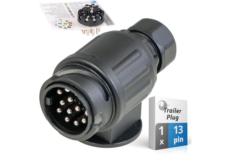 valonic 13 pin trailer plug - 13-pin, black - incl. wiring template - trailer connector for caravan