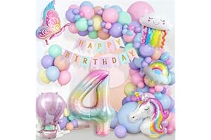 YFKJEU Einhorn Geburtstagsdeko Mädchen 4 Jahre, Kindergeburtstag Luftballons, Happy Birthday Banner, Schmetterling Folienballon, 4. Geburtstag Mädchen Deko