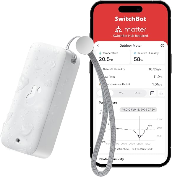 SwitchBot IP65 Indoor Outdoor Hygrometer Thermometer Wireless, 100m Bluetooth Range, Refrigerator Thermometer, Dewpoint/VPD/Absolute Humidity Sensor, Free Data Storage Export, 2 Years Battery Life - 1