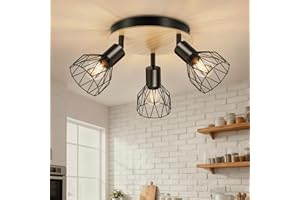 Ketom Plafonnier 3 Spot Noir, Ronde Luminaire Cuisine Plafond Bois, Plafonnier Orientable E14, Applique Murale 3 Spot avec Grille Métallique, pour Interieur, Cuisine, Chambre, Salon, Sans Ampoules