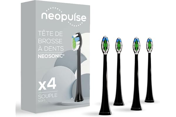 NEOPULSE® - Lot de 4 Recharges de Têtes de Brosse Souples Noires en Nylon pour Brosse à Dents Électrique Sonique NEOSONIC® - Compatible NEOKIDS® - 3D : Brins courts et longs - Indicateur d'Usure