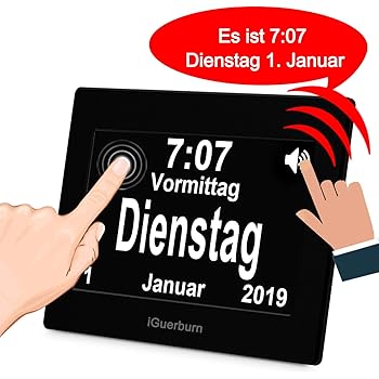 iGuerburn Digitale Sprechende Uhr Touchscreen Tageskalender Wecker für Senioren Ältere Demenz 