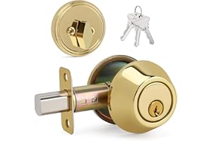 LOQRON Round Design Single Cylinder Deadbolt with Keys, Exterior Keyed Dead Bolt Lock for Front Entrance Door Security, Polished Brass