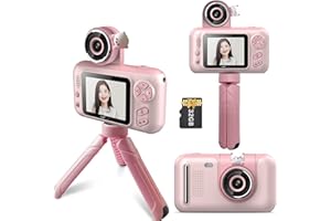 Andoer Aparat dla dzieci, 1080p 40 MP aparat cyfrowy dla dzieci ze statywem, ekran IPS 2,4 cala, obiektyw obracany o 180°, karta pamięci 32 GB, aparat do selfie, aparat fotograficzny, prezent dla dzieci w wieku 3-12 lat, różowy