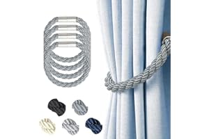 Hommakr 4 Pack Strong Magnetic Curtain Tiebacks Modern Style Drape Tie Backs Suitable Decorative Weave Rope Curtain Holdback for Thin or Thick Home & Office Window Drapery (Light Grey)